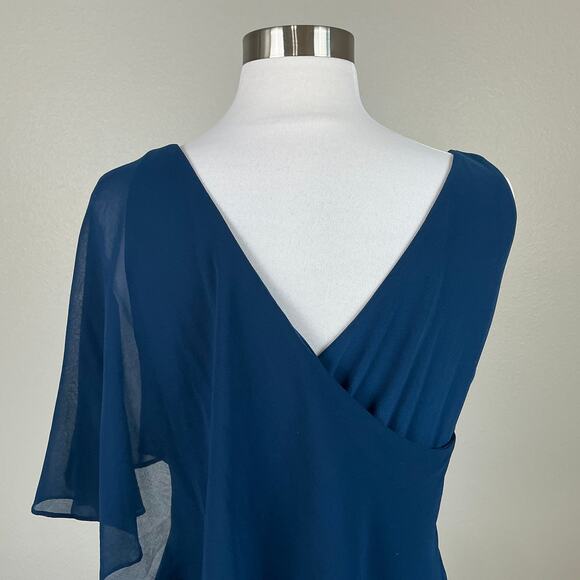 Ralph Lauren Ruffled Beaded Midi Sheath Cocktail Dress Blue Size 8 Draped V-Neck - Picture 8 of 13